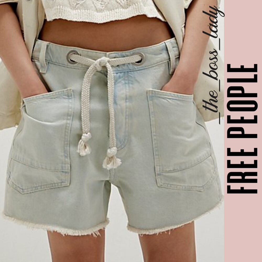 Free People Women's Light Sage Rope-Waist Denim Shorts